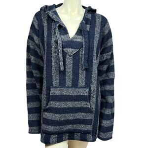 Artesanías Drug Rug Baja Hoodie Navy Grey Striped Mexican Pullover XXL